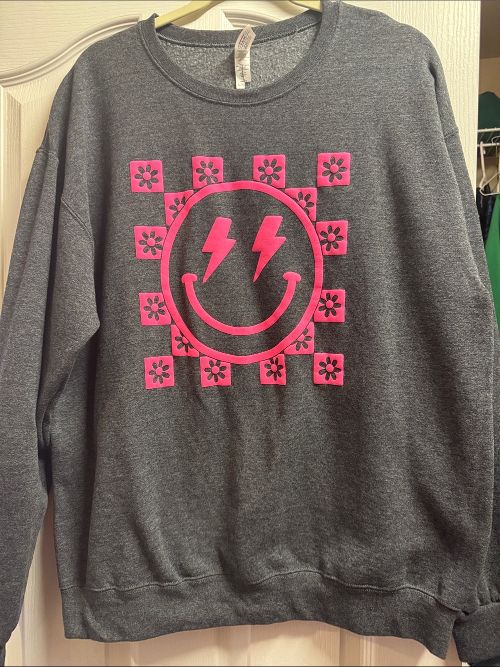 Charcoal Gray Sweatshirt with Neon Pink Smiley Graphic